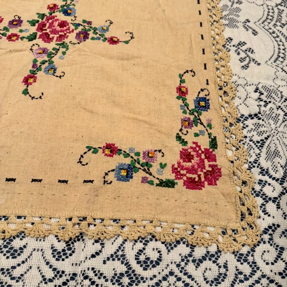 Vintage Embroidered Table Cloth Colorful Floral Cross Stitch Crochet‎ Edge 48x53